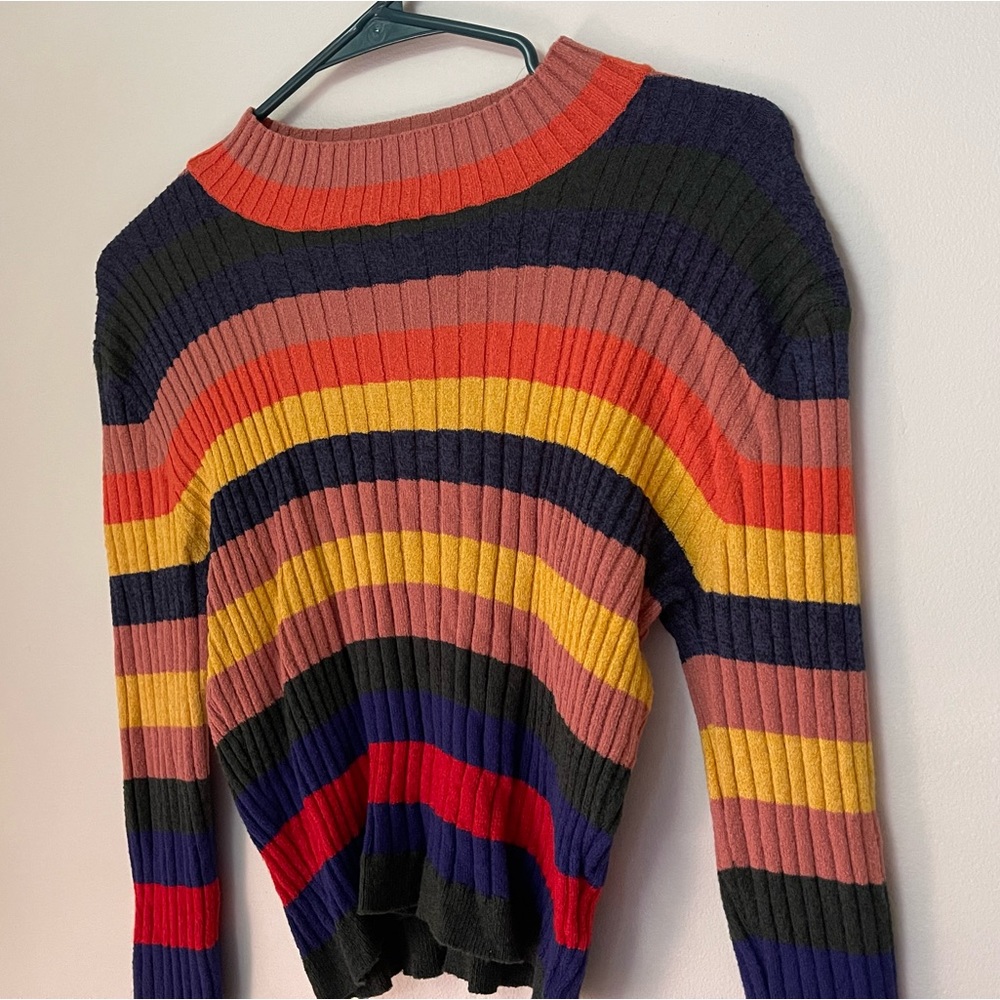 Rainbow Sweater, Ribbed Multi color , Lottie Moss size M, Stretchy EUC, pride